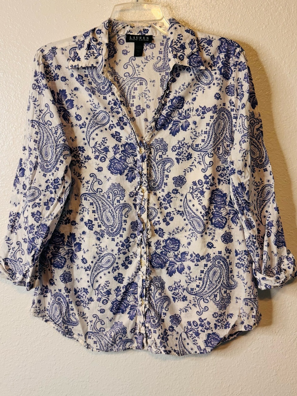 Lauren Ralph Lauren Blue White Paisley Cotton Floral Button Down Shirt L Women